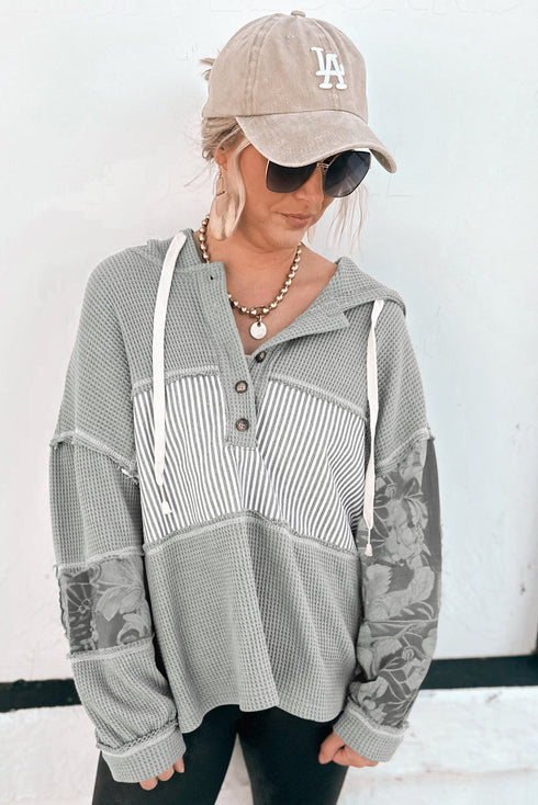 Waffle Knit Stripe Patchwork Henley Drawstring Hood Drop Shoulder Long Sleeve Top